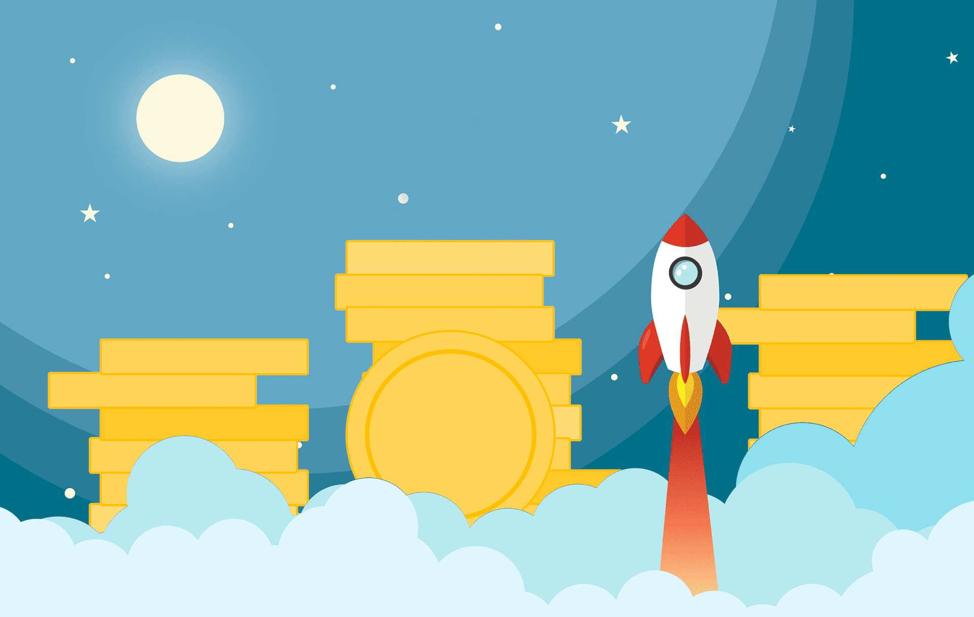 Eine Rakete startet vor einem Stapel Goldmünzen durch die Wolken in den Himmel. Symbolbild für die Startup-Förderung