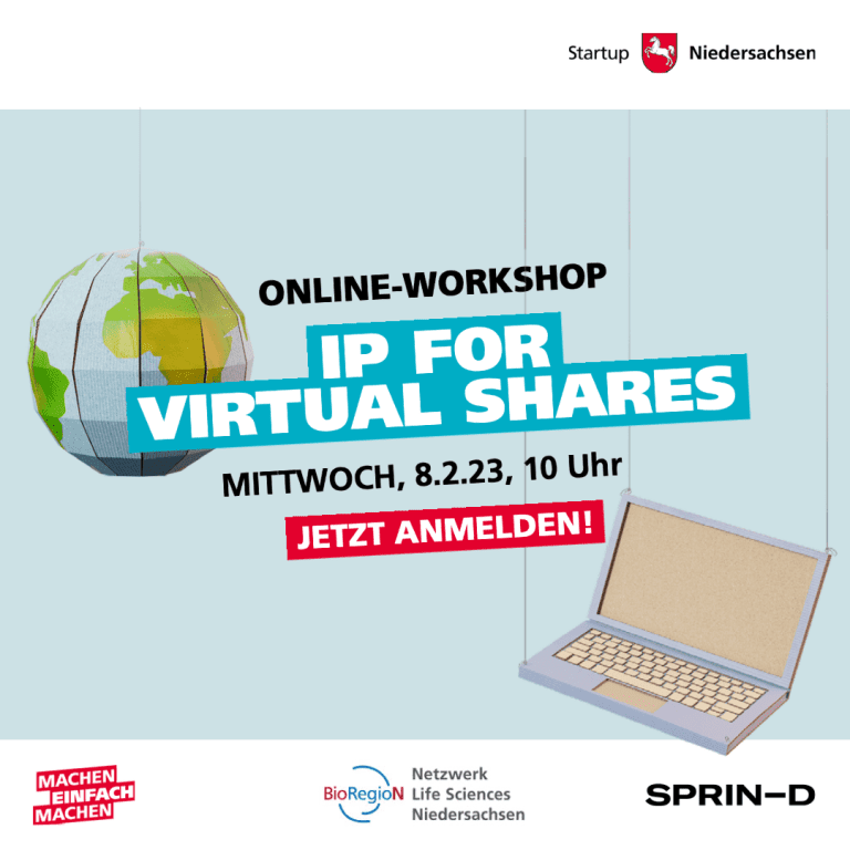 Flyer zum Online-Workshop "IP FOR VIRTUAL SHARES" am 8.2.23 um 10 Uhr.