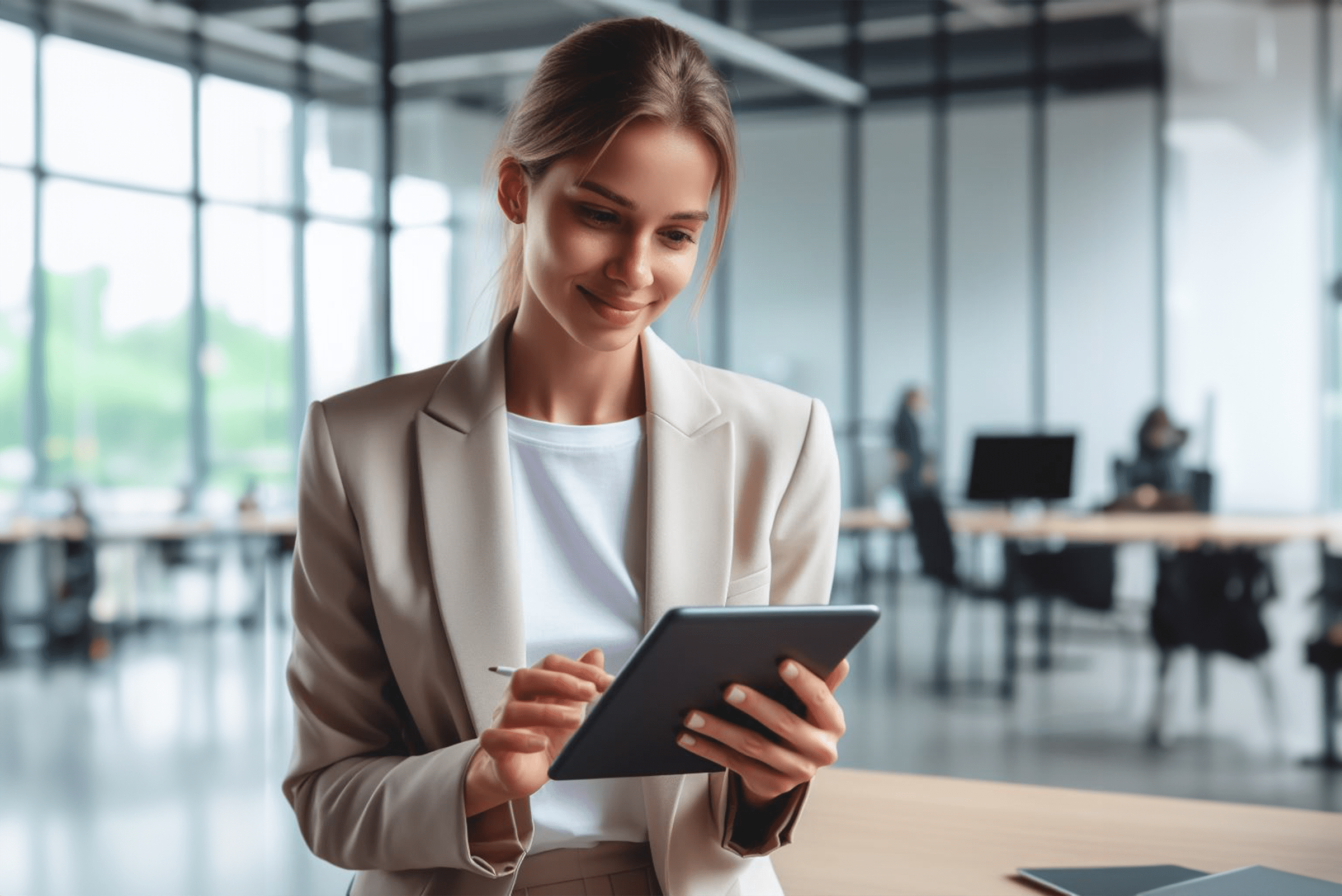 Eine junge Unternehmerin in einem modernen Büro füllt einen Antrag auf einem Tablet aus.