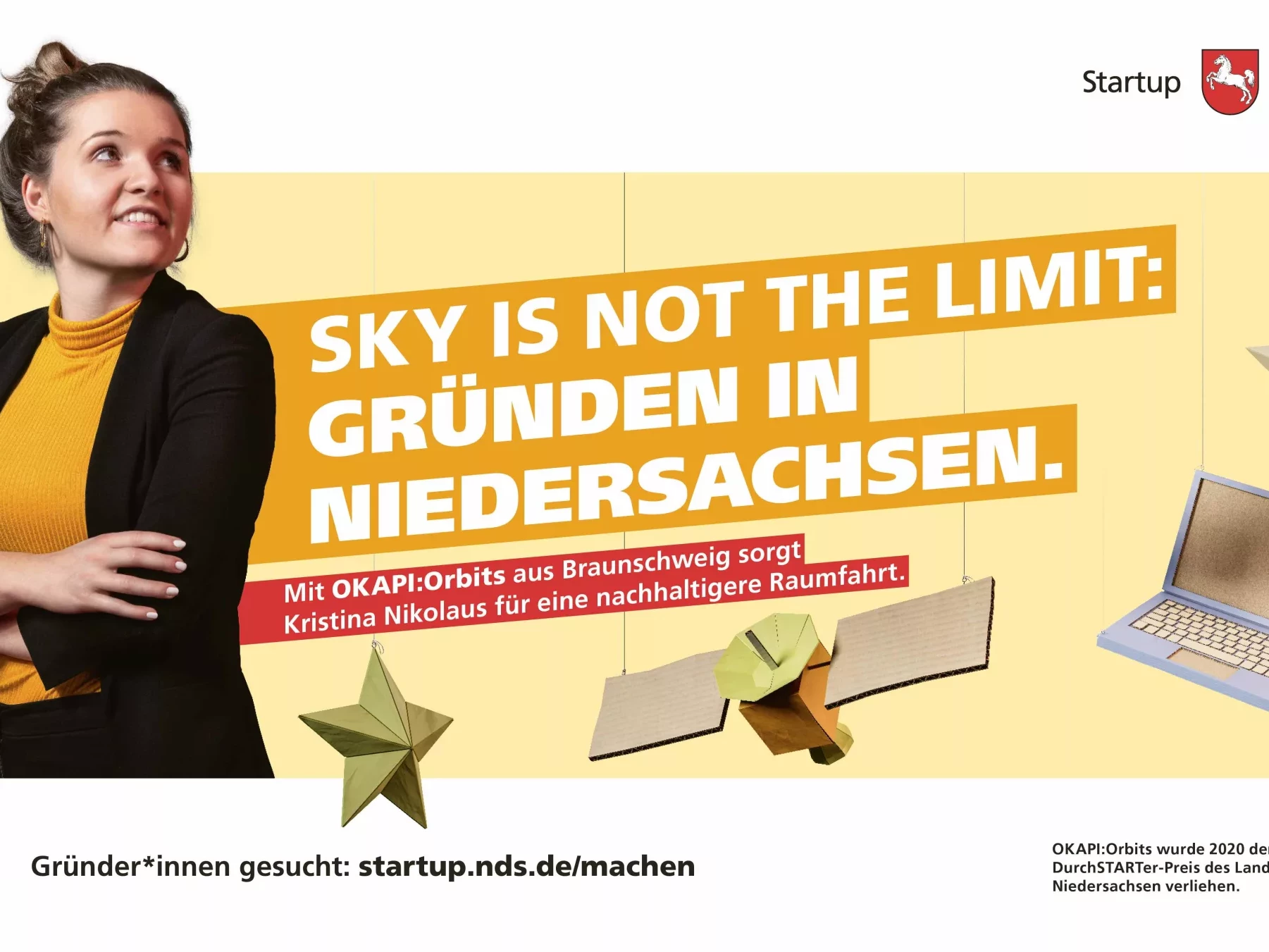 Anzeigenbild der Gründerin Kristina Nikolaus mit ihrem Startup OKAPI:Orbits. Die Headline der Anzeige lautet 
