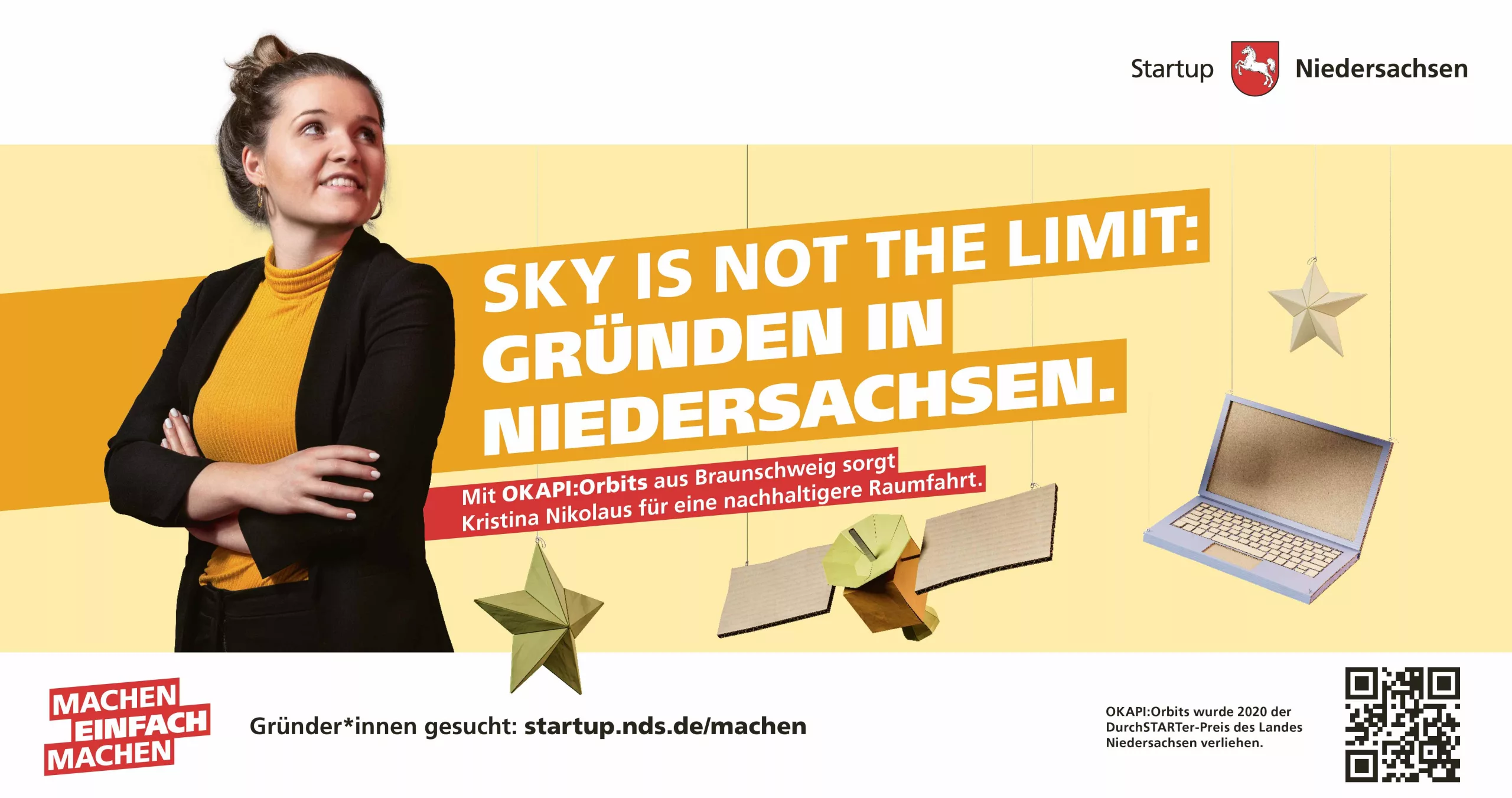 Anzeigenbild der Gründerin Kristina Nikolaus mit ihrem Startup OKAPI:Orbits. Die Headline der Anzeige lautet 